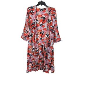 Loft Womens Orange Tropical 3/4 Sleeve Open Front Kimono Duster Medium/Large‎